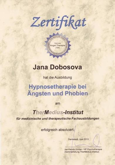 Certifikát: Hypnosetherapie bei Ängsten und Phobien