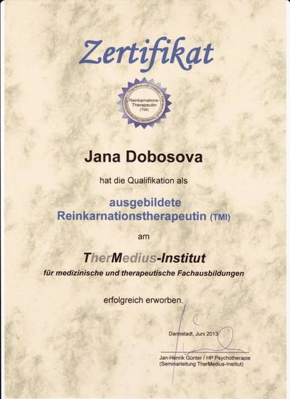 Certifikát: Ausgebildete Reinkarnationstherapeutin (TMI)